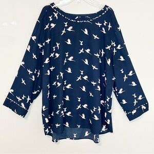 Van Heusen Women’s Navy Blue Peach Bird Print Quarter Sleeve Blouse - size XXL
